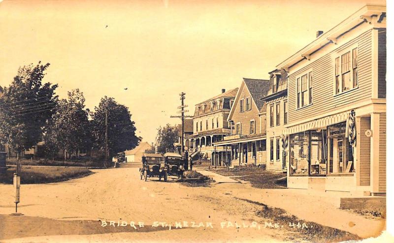 Kezar Falls ME Bridge Street Storefronts Old Cars Real Photo Postcard