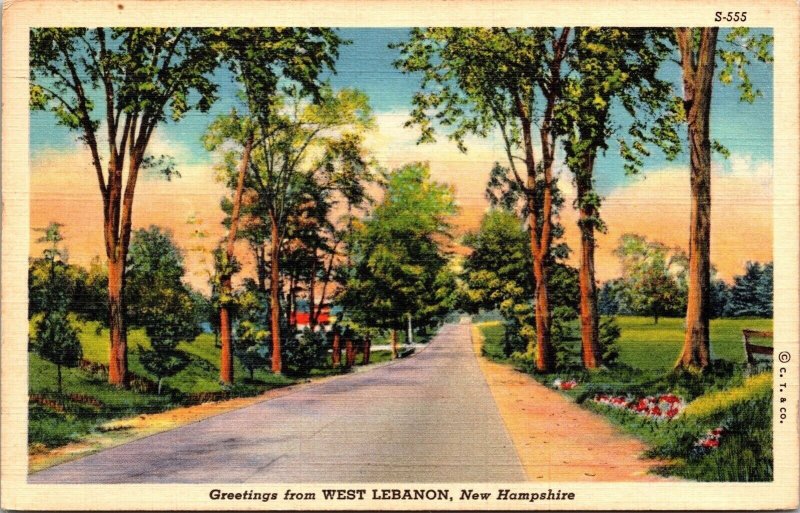 Greetings West Lebanon New Hampshire Scenic Landscape Linen Cancel WOB Postcard 