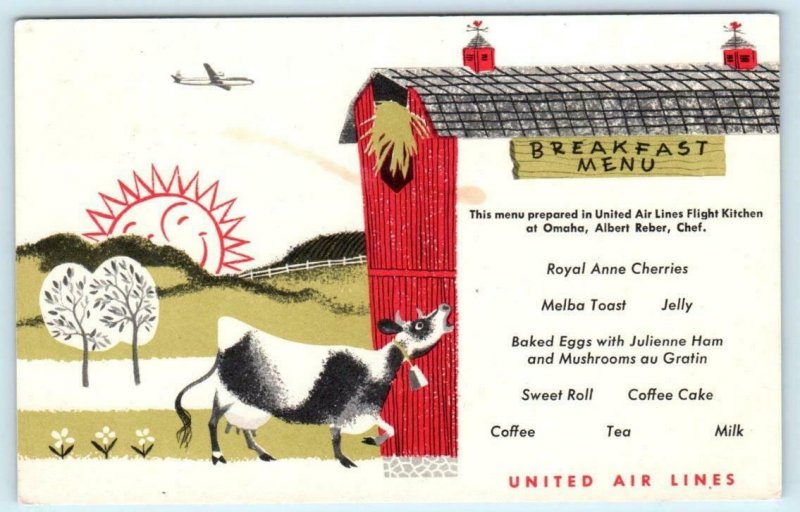 UNITED AIRLINES Air Lines BREAKFAST MENU Cow, Barn Chef Albert Reber Postcard