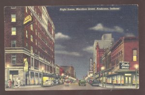 ANDERSON INDIANA DOWNTOWN MAIN STREET SCENE AT NIGHT VINTAGE POSTCARD