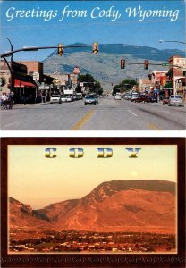 2~4X6 Postcards Cody, WY Wyoming  STREET SCENE~Ken Mar/Irma & BIRD'S EYE VIEW