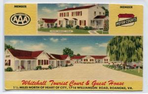 Whitehall Tourist Court Guest House Motel Roanoke Virginia 1950 linen postcard