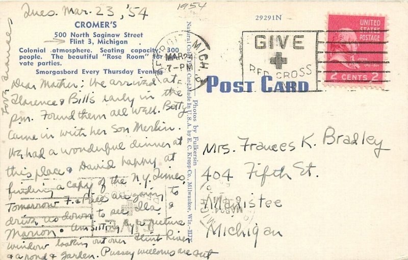 Postcard 1954 Flint Michigan Cromer's restaurant interior occupation 24-6923