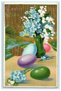 1913 Greetings Easter Tide Pansies Flower Vase Eggs Embossed Antique Postcard 