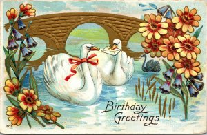 Vtg 1910 Birthday Greetings Swans Lake Floral Gold Gilt Embossed Unused Postcard