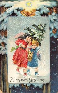 Christmas Greeting Children Snow Scene Tree Antique Postcard K84463