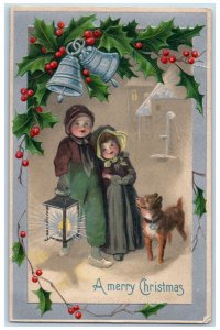 c1910's Christmas Dutch Girls Lantern Dog Holly Berries Bells Embossed Postcard