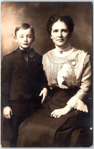 Young Woman and her Child, Stripe Patterned Blouse Portrait - Vintage Postcard