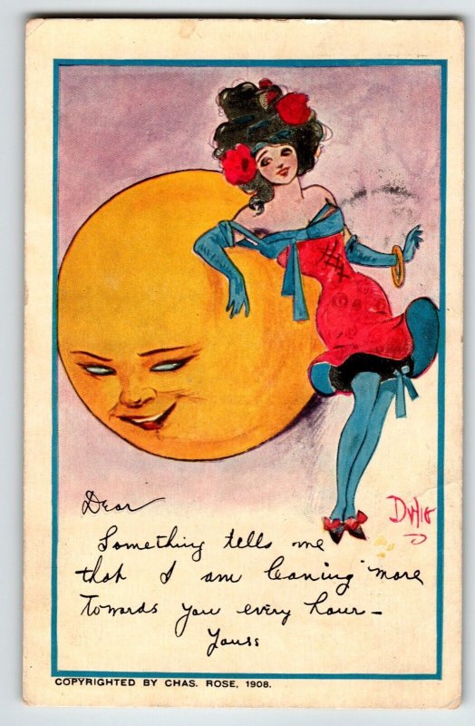 Fantasy Postcard Dwig Lady Leans On Big Moon Human Face Anthropomorphic Rose 21