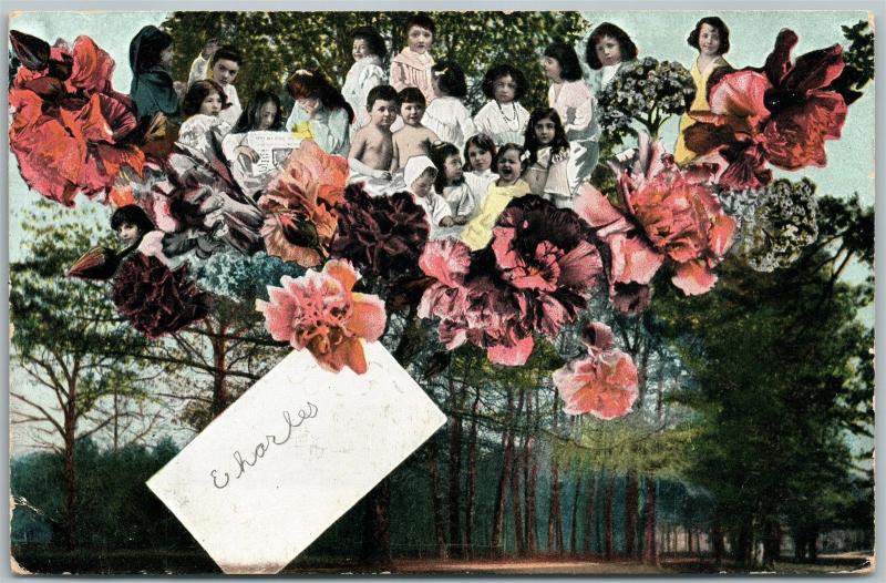 MULTIPLE BABIES in FLOWERS ANTIQUE POSTCARD COLLAGE MONTAGE