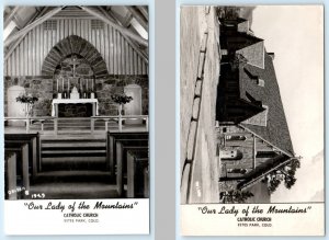 2 RPPC Postcards ESTES PARK, CO ~ Interior/Exterior LADY of the MOUNTAINS CHURCH