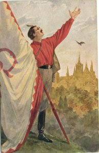 PC SOKOL MOVEMENT, MAN WITH FLAG AND FALCON, Vintage Postcard (b28162)