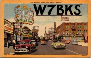 Linen Postcard Old Fremont Street in Las Vegas, Nevada Automobiles Neon Signs