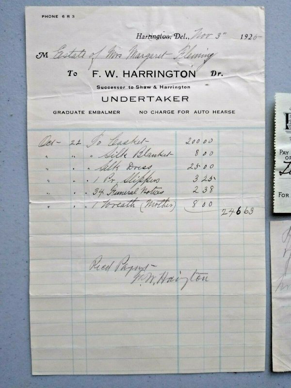 1925 Harrington Delaware Undertaker Letterhead Peoples Bank Check Fleming