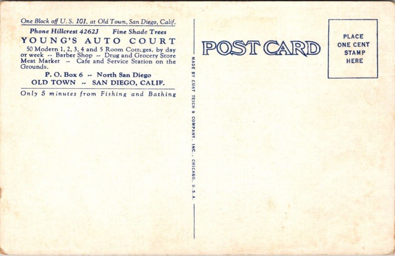 Linen Postcard Young's Auto Court US 101 Old Town, San Diego, California