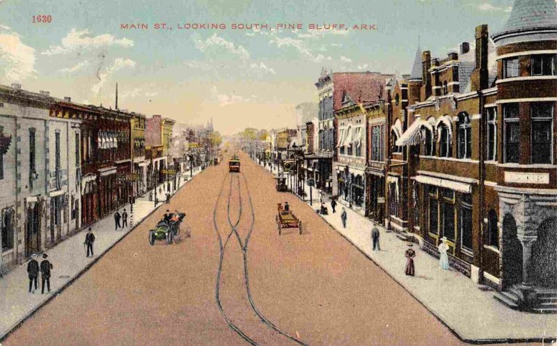 Main Street Looking South Streetcar Track Pine Bluff Arkansas 1910c postcard