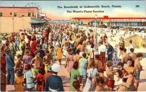 Jacksonville Beach, FL Florida  BOARDWALK CROWD & PIER  ca1940's Linen Postcard