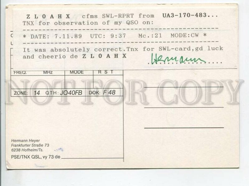 464539 1989 year Switzerland Locarno radio QSL card