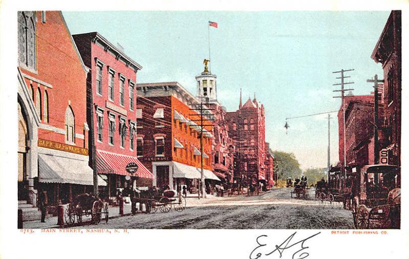 Nashua NH Main Street Horse & Wagons Store Fronts Postcard