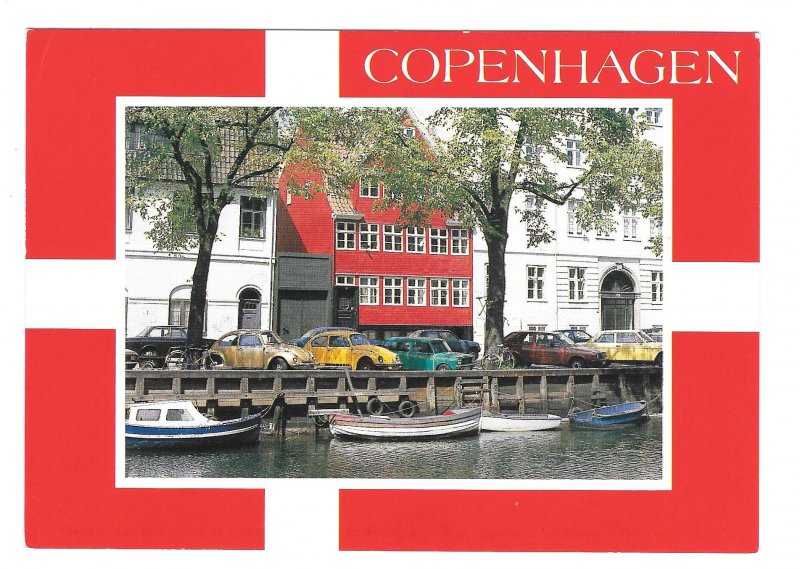 Denmark Copenhagen Christianshavn Canal Cars VW Beetles Boats Vntg Postcard 4X6