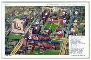 c1940 Great Cook County Hospital Group Map Exterior Chicago Illinois IL Postcard