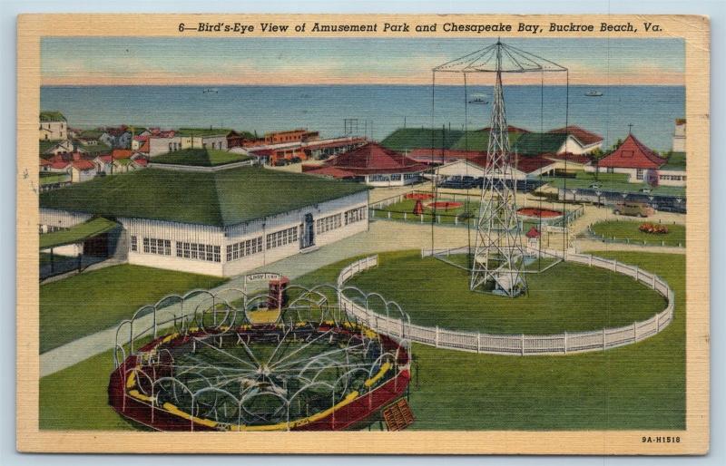 Postcard VA Buckroe Beach Birds Eye View Amusement Park Chesapeake Bay Linen M1