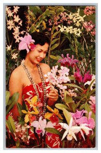 c1960 Postcard HI Lovely Hawaii Sarong Clad Maiden Orchids 
