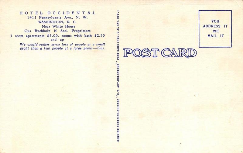 Washington DC 1940s Postcard Hotel Occidental Multiview