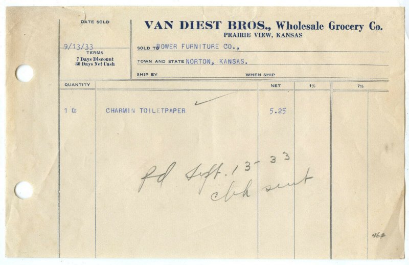Van Diest Bros. Wholesale Grocery Co. Prairie View KS Vintage 9/13/33 Invoice