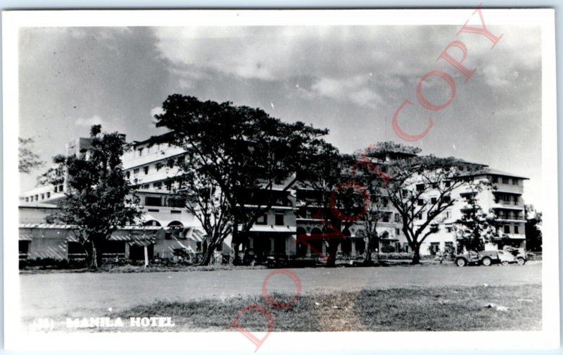 c1940s Manila, Philippines RPPC Manila Hotel Panorama Real Photo Jeep PC A138