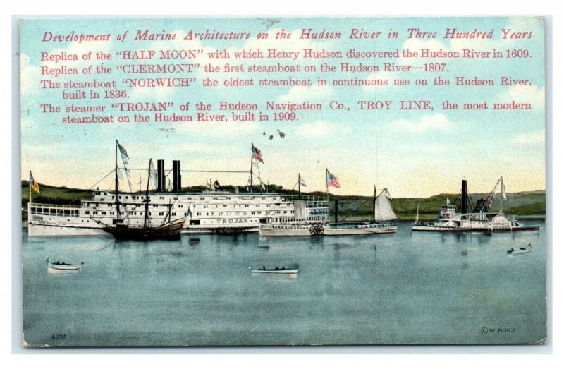 Postcard Replicas of Half Moon and Clermont, Steamboat Norwich & Trojan 1912 T23