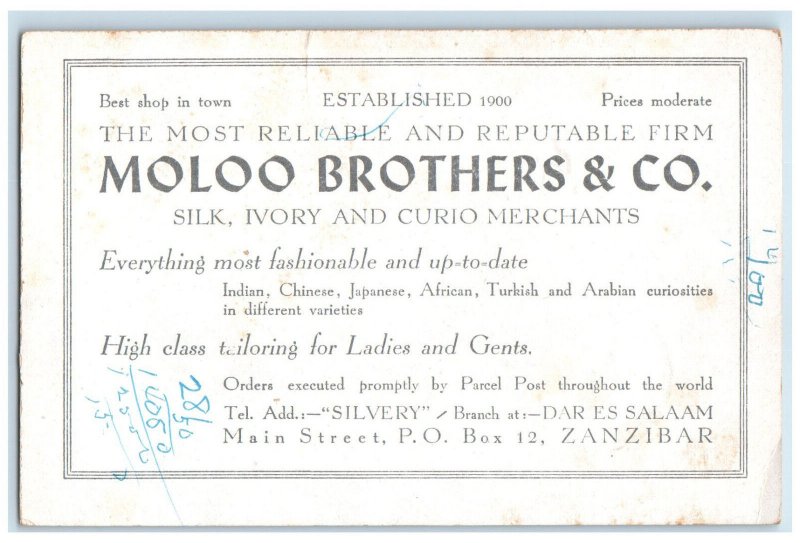 c1920's Molco Brothers & Co. Silk Merchants Zanzibar Tanzania Postcard