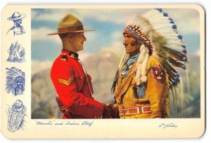 MOUNTIE & INDIAN CHIEF Sitting Eagle CANADA 1950s 4x6 Chrome Vintage Postcard