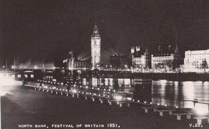 Festival Of Britain Big Ben North Bank Thames River at Night Real Photo Postcard