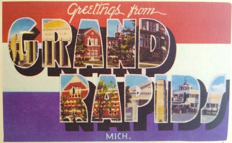 Greetings From Grand Rapids Michigan Large Big Letter Postcard Linen Unused Mich 