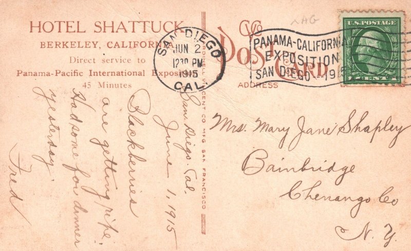 Vintage Postcard 1915 Hotel Shattuck Building Landmark Berkeley California CA 