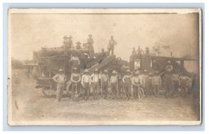 C.1910s RPPC Massive Farming Machine People Bike Hay Postcard P11e