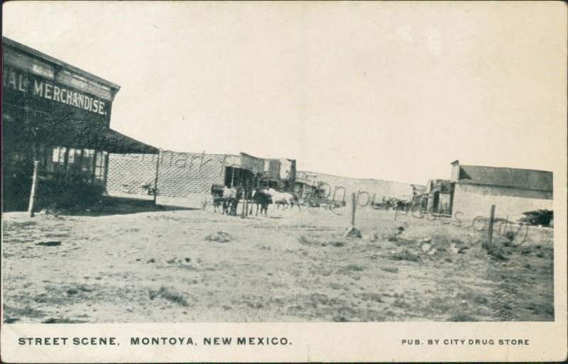 Montoya, New Mexico - Street Scene, dirt road, horses - rare Vintage NM Postcard