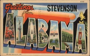 Stevenson Alabama AL Large Letter Linen Historic Landmarks Vintage Postcard