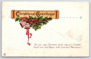 Holiday~Christmas Greetings Poem~Pink Bells On Holly~Stecher 550E Vtg Postcard