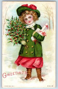 1908 Christmas Greetings Child Girl With Holly Berries Gifts Antique Postcard