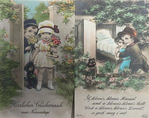Lovely children couple caricature 1929 greetings postcards Switzerland