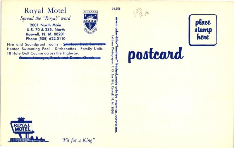 Vintage Postcard- Royal Moel, Roswell, NM