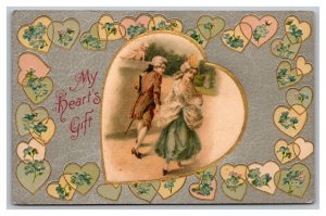 Vintage 1910's Winsch Back Valentine Postcard Silk Heart Colonial Couple Silver