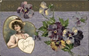 Winsch Valentine Beautiful Woman Pansies Art Nouveau c1910 Vintage Postcard