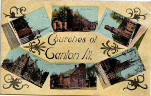 Postcard Illinois Churches of Canton Multiview Flag Cancel 1912 H1