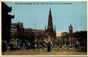 Pipes Drums 1st Royal Scots Edinburgh WB Postcard PM Cancel WOB Note VTG Vintage 