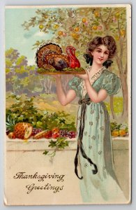 Thanksgiving Greetings Lovely Lady With Turkey On Plate Gilded Postcard K28