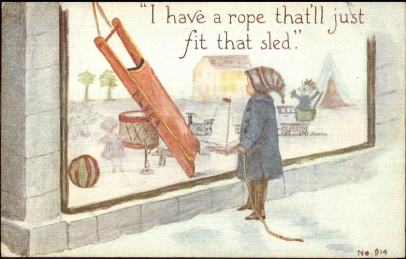 Little Boy w/ Rope Sees Flyer Sled in Store Window c1915 Postcard