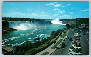 View From Rainbow Bridge, Niagara Falls, Ontario, Aerial View Postcard, Old Cars